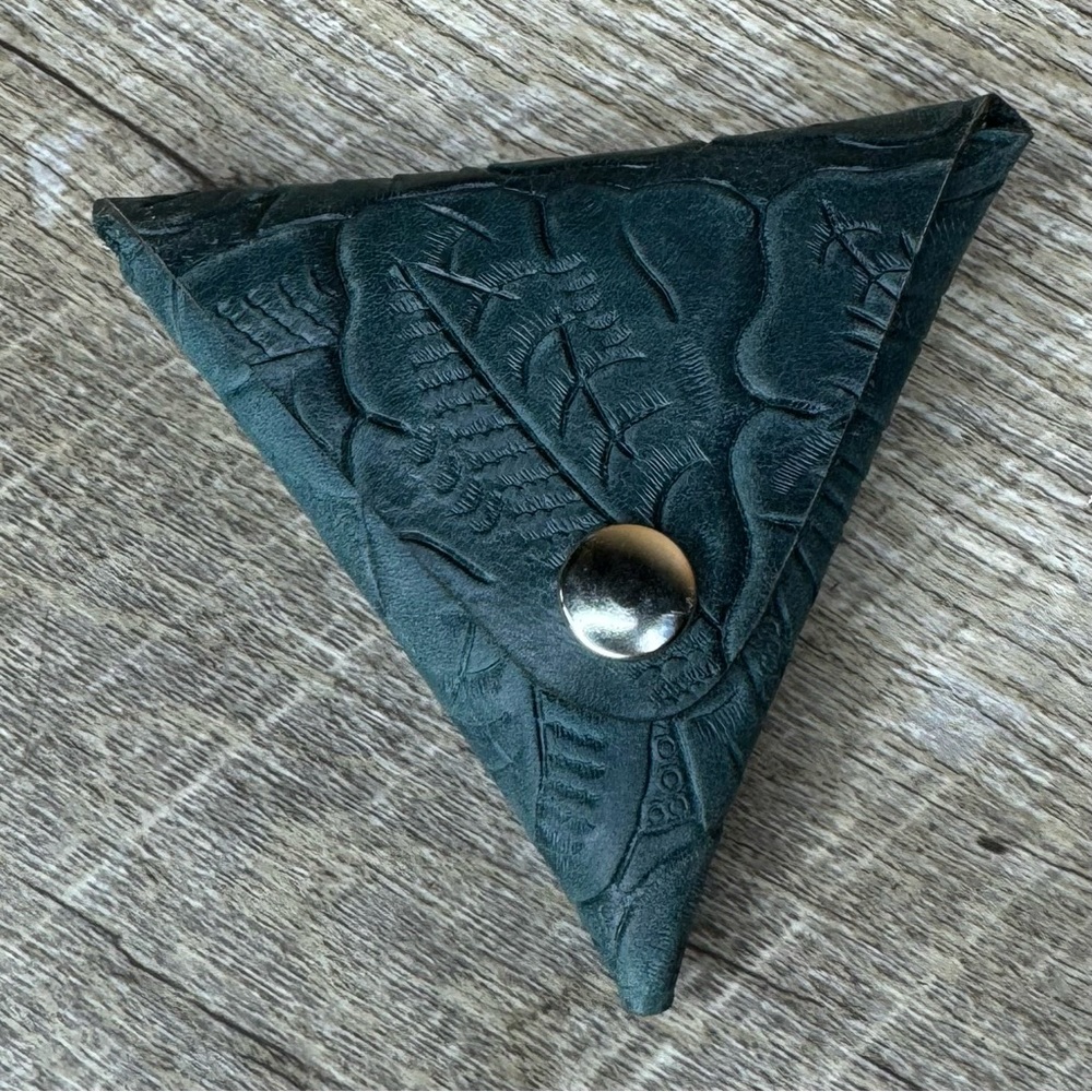 Limited run leather triangle coin pouch embossed green leather 3.75 inch